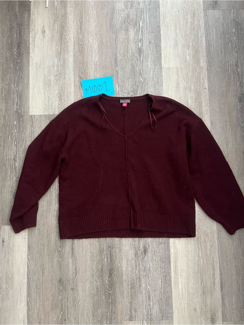 Vince Camuto Womens S Burgundy Wine V-Neck Ribbon Tie Long Sleeve Knit Sweater